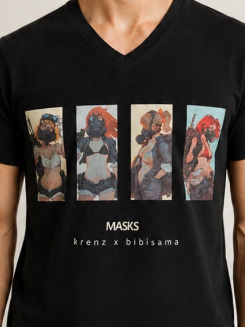 RARE  BiBi Sama x Krenz “MASKS” Graphic V-Neck T-Shirt – Size M